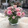 pink flower bouquet in a square vase
